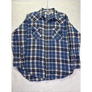 Ely Cattlemen Pearl Snap Flannel Shirt Long Sleeve Blue Plaid Extra Large